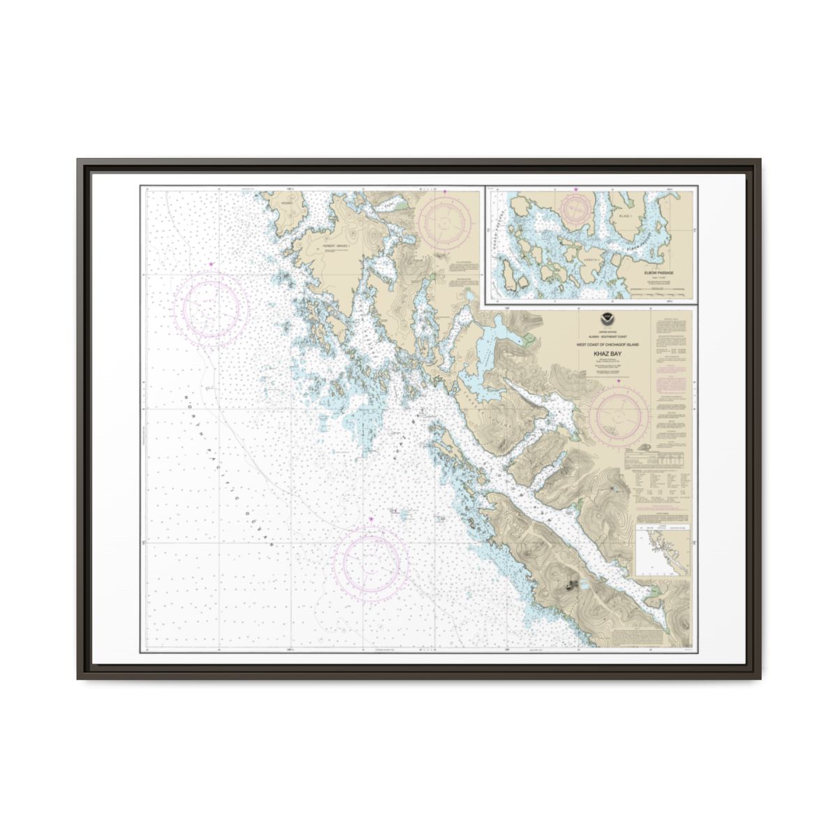 Chart 17322 Khaz Bay, Chichagof Island Elbow Passage - NOAA Nautical Chart Floating Frame Canvas | 32" x 24" | 40" x 30" - Espresso front