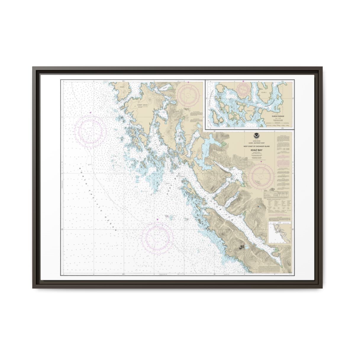 Chart 17322 Khaz Bay, Chichagof Island Elbow Passage - NOAA Nautical Chart Floating Frame Canvas | 32" x 24" | 40" x 30" - Espresso front