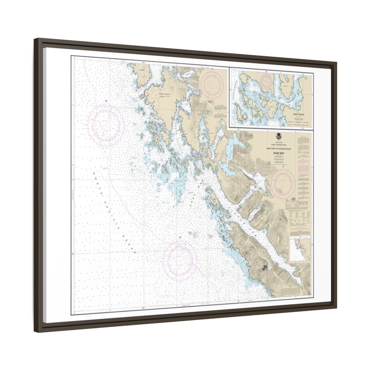 Chart 17322 Khaz Bay, Chichagof Island Elbow Passage - NOAA Nautical Chart Floating Frame Canvas | 32" x 24" | 40" x 30" - Espresso side
