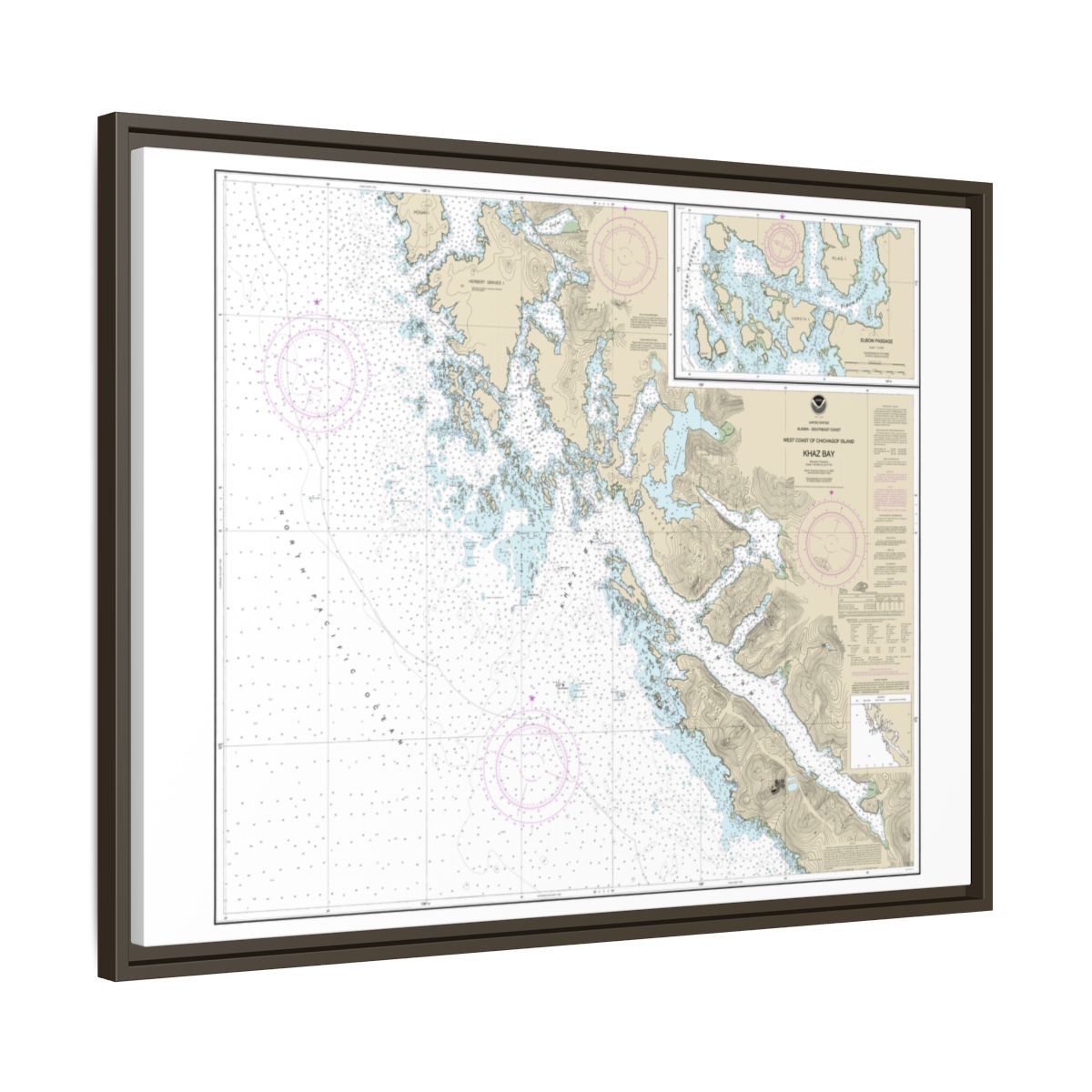 Chart 17322 Khaz Bay, Chichagof Island Elbow Passage - NOAA Nautical Chart Floating Frame Canvas | 32" x 24" | 40" x 30" - Espresso side