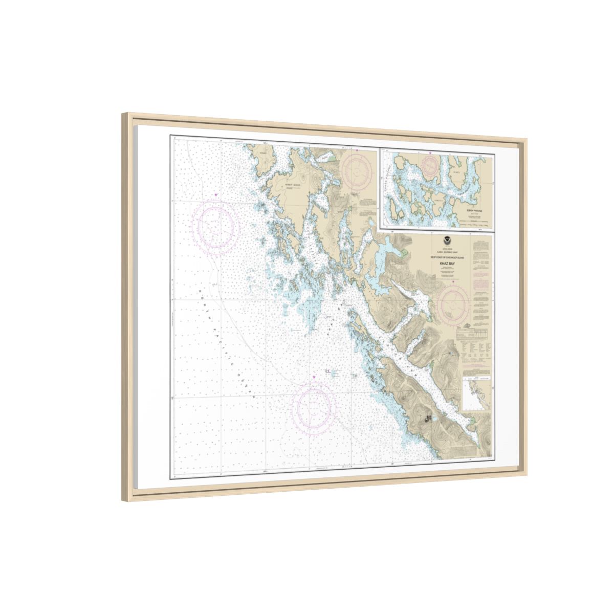 Chart 17322 Khaz Bay, Chichagof Island Elbow Passage - NOAA Nautical Chart Floating Frame Canvas | 32" x 24" | 40" x 30" - Natural side