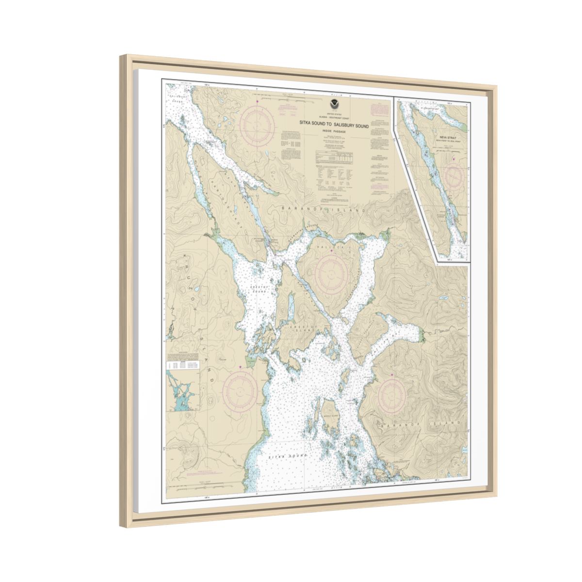 Chart 17324 Sitka Sound to Salisbury Sound, Inside Passage;Neva Str.-Neva Pt. to Zeal Pt. - NOAA Nautical Chart Floating Frame Canvas | 32" x 32" - Natural side