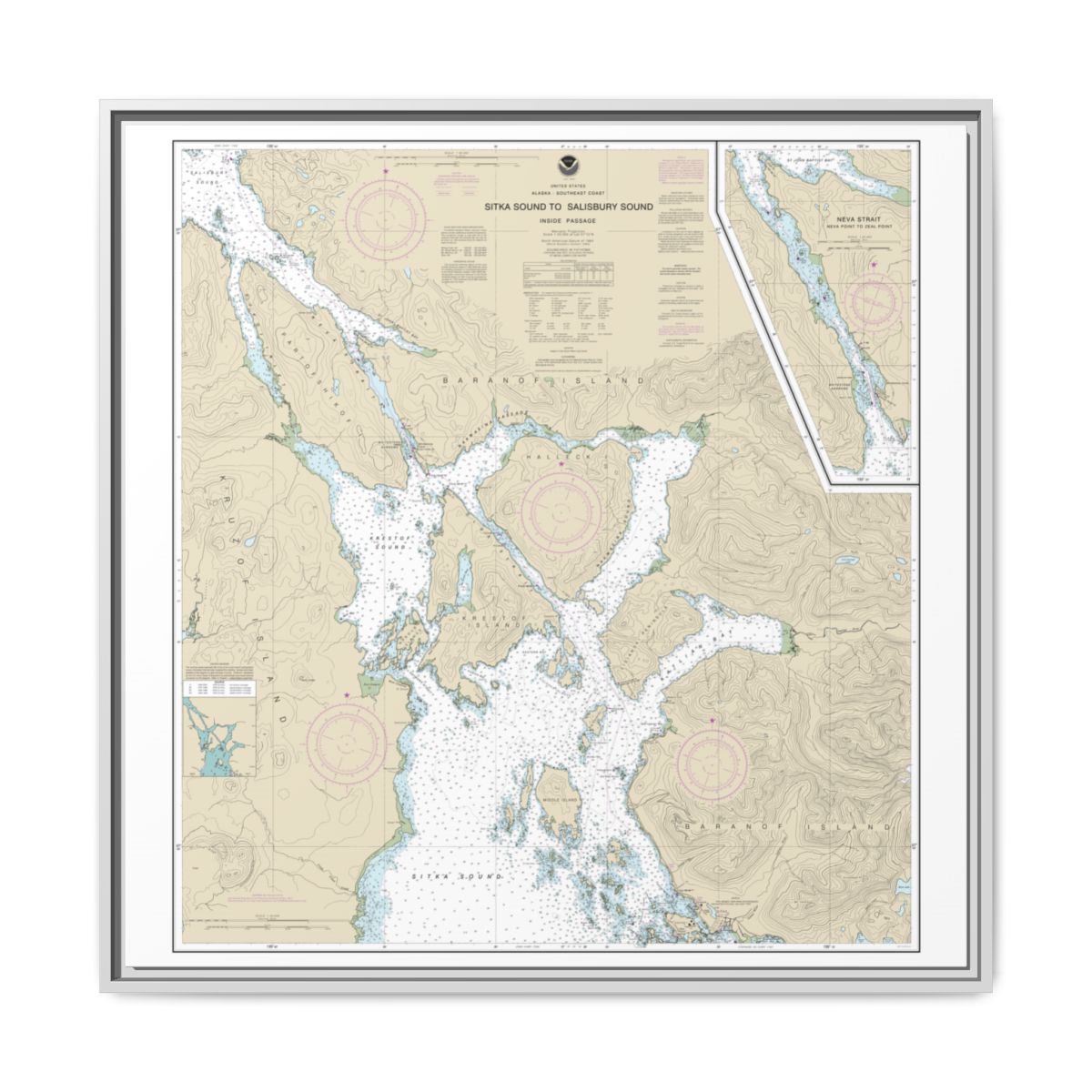 Chart 17324 Sitka Sound to Salisbury Sound, Inside Passage;Neva Str.-Neva Pt. to Zeal Pt. - NOAA Nautical Chart Floating Frame Canvas | 32" x 32" - White front