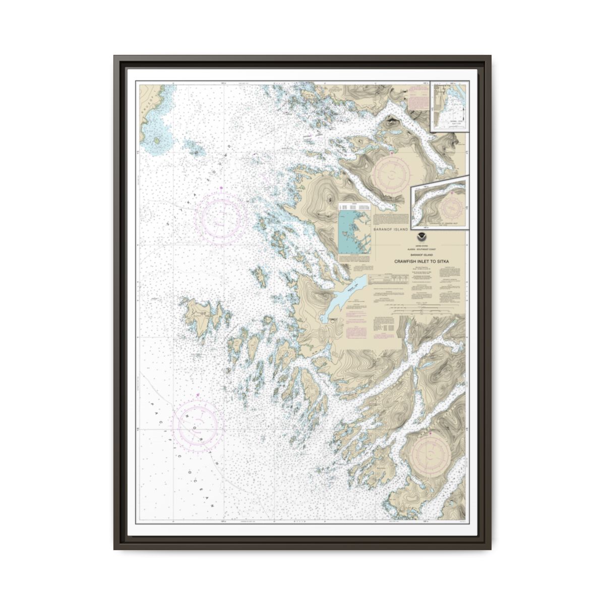 Chart 17326 Crawfish Inlet to Sitka, Baranof I.;Sawmill Cove - NOAA Nautical Chart Floating Frame Canvas | 24" x 32" | 30" x 40" - Espresso front