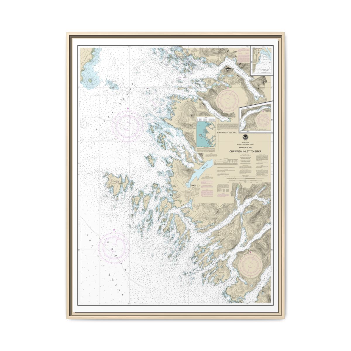 Chart 17326 Crawfish Inlet to Sitka, Baranof I.;Sawmill Cove - NOAA Nautical Chart Floating Frame Canvas | 24" x 32" | 30" x 40" - Natural front