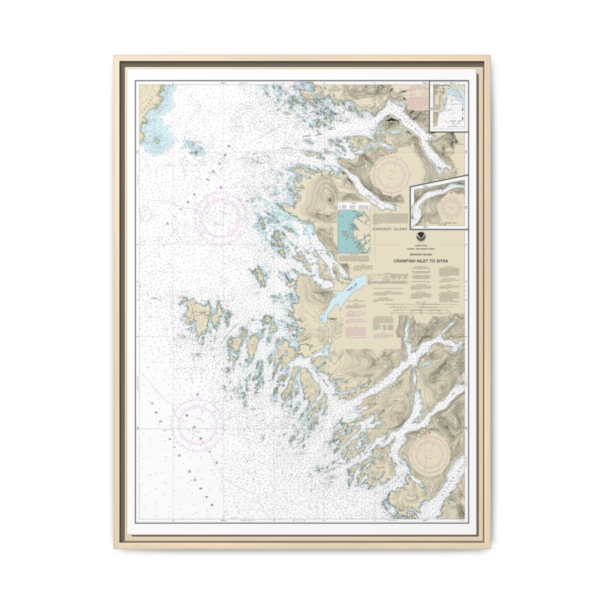 Chart 17326 Crawfish Inlet to Sitka, Baranof I.;Sawmill Cove - NOAA Nautical Chart Floating Frame Canvas | 24" x 32" | 30" x 40" - Natural front