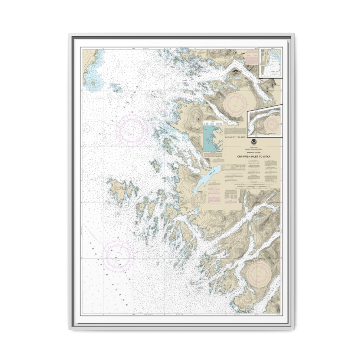 Chart 17326 Crawfish Inlet to Sitka, Baranof I.;Sawmill Cove - NOAA Nautical Chart Floating Frame Canvas | 24" x 32" | 30" x 40" - White front