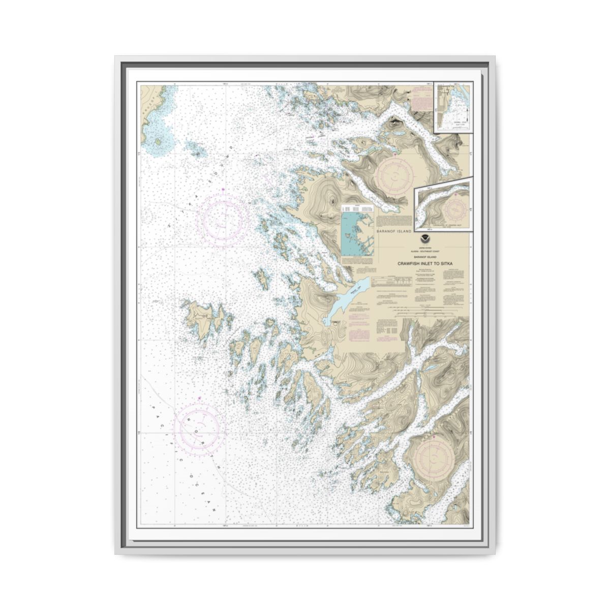 Chart 17326 Crawfish Inlet to Sitka, Baranof I.;Sawmill Cove - NOAA Nautical Chart Floating Frame Canvas | 24" x 32" | 30" x 40" - White front