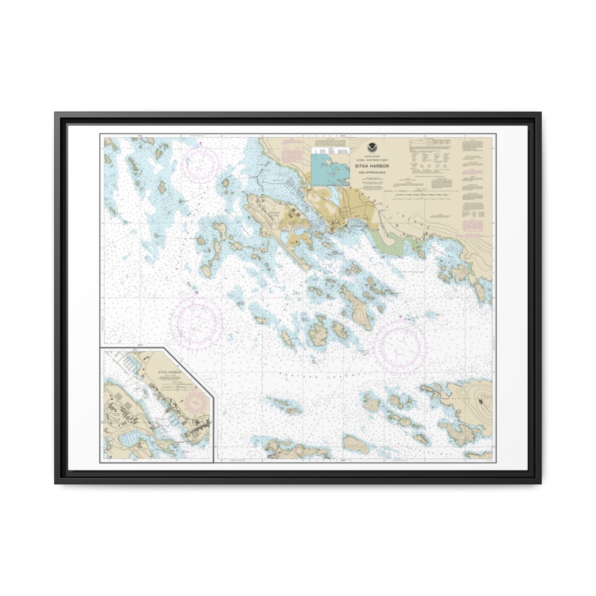 Chart 17327 Sitka Harbor and approaches;Sitka Harbor - NOAA Nautical Chart Floating Frame Canvas | 32" x 24" | 40" x 30" - Black front
