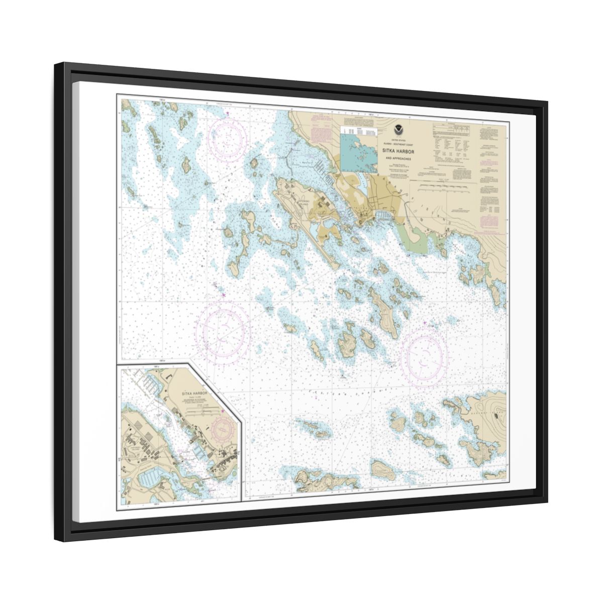 Chart 17327 Sitka Harbor and approaches;Sitka Harbor - NOAA Nautical Chart Floating Frame Canvas | 32" x 24" | 40" x 30" - Black side