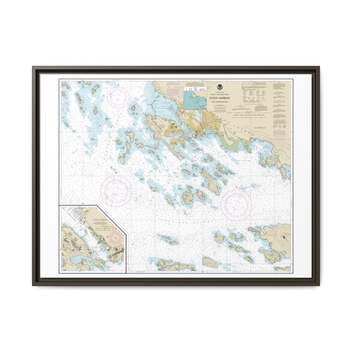 Chart 17327 Sitka Harbor and approaches;Sitka Harbor - NOAA Nautical Chart Floating Frame Canvas | 32" x 24" | 40" x 30" - Espresso front
