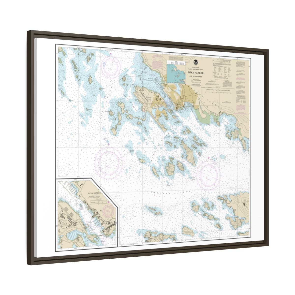 Chart 17327 Sitka Harbor and approaches;Sitka Harbor - NOAA Nautical Chart Floating Frame Canvas | 32" x 24" | 40" x 30" - Espresso side