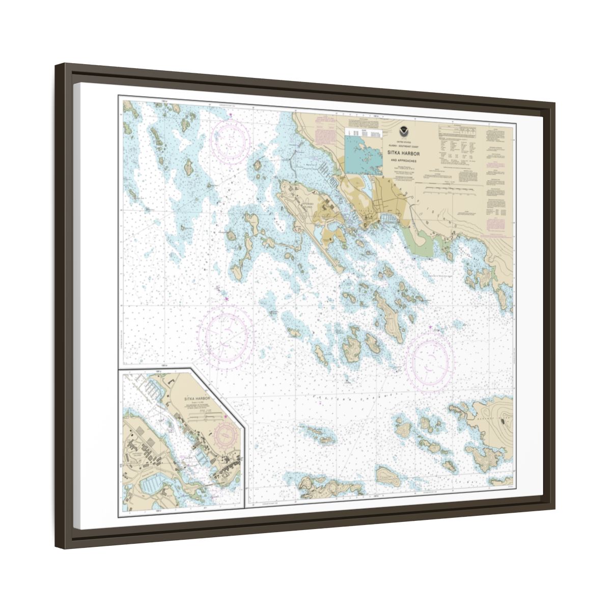 Chart 17327 Sitka Harbor and approaches;Sitka Harbor - NOAA Nautical Chart Floating Frame Canvas | 32" x 24" | 40" x 30" - Espresso side