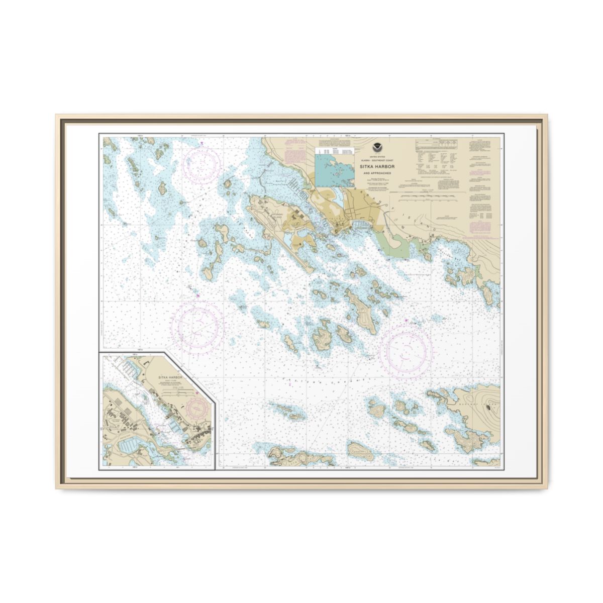 Chart 17327 Sitka Harbor and approaches;Sitka Harbor - NOAA Nautical Chart Floating Frame Canvas | 32" x 24" | 40" x 30" - Natural front