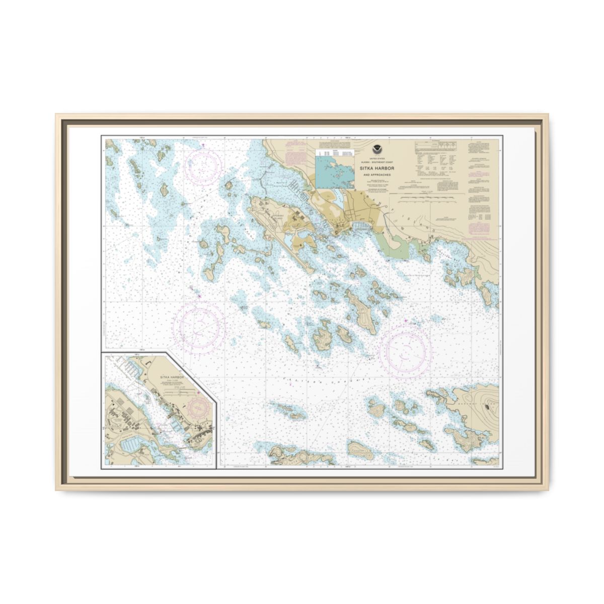 Chart 17327 Sitka Harbor and approaches;Sitka Harbor - NOAA Nautical Chart Floating Frame Canvas | 32" x 24" | 40" x 30" - Natural front