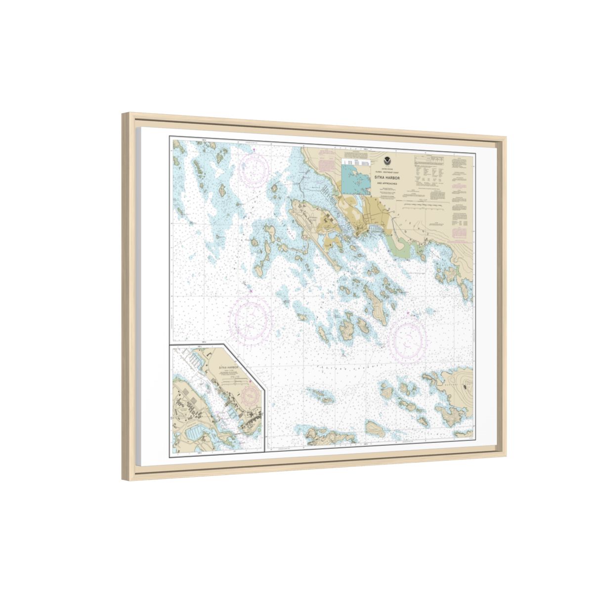 Chart 17327 Sitka Harbor and approaches;Sitka Harbor - NOAA Nautical Chart Floating Frame Canvas | 32" x 24" | 40" x 30" - Natural side