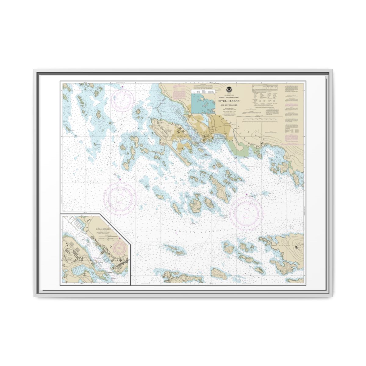 Chart 17327 Sitka Harbor and approaches;Sitka Harbor - NOAA Nautical Chart Floating Frame Canvas | 32" x 24" | 40" x 30" - White front