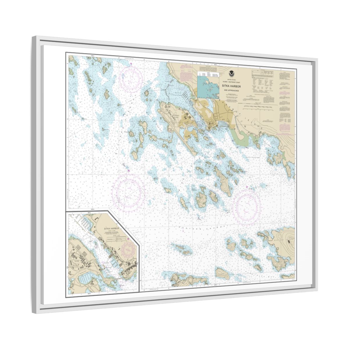 Chart 17327 Sitka Harbor and approaches;Sitka Harbor - NOAA Nautical Chart Floating Frame Canvas | 32" x 24" | 40" x 30" - White side