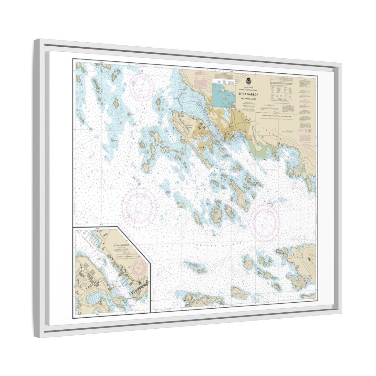 Chart 17327 Sitka Harbor and approaches;Sitka Harbor - NOAA Nautical Chart Floating Frame Canvas | 32" x 24" | 40" x 30" - White side