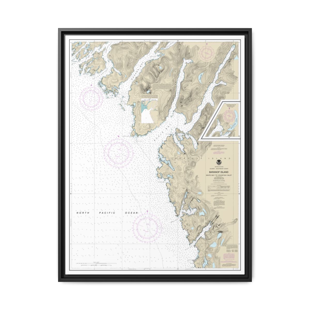 Chart 17328 Snipe Bay to Crawfish Inlet,Baranof l. - NOAA Nautical Chart Floating Frame Canvas | 24" x 32" | 30" x 40" - Black front