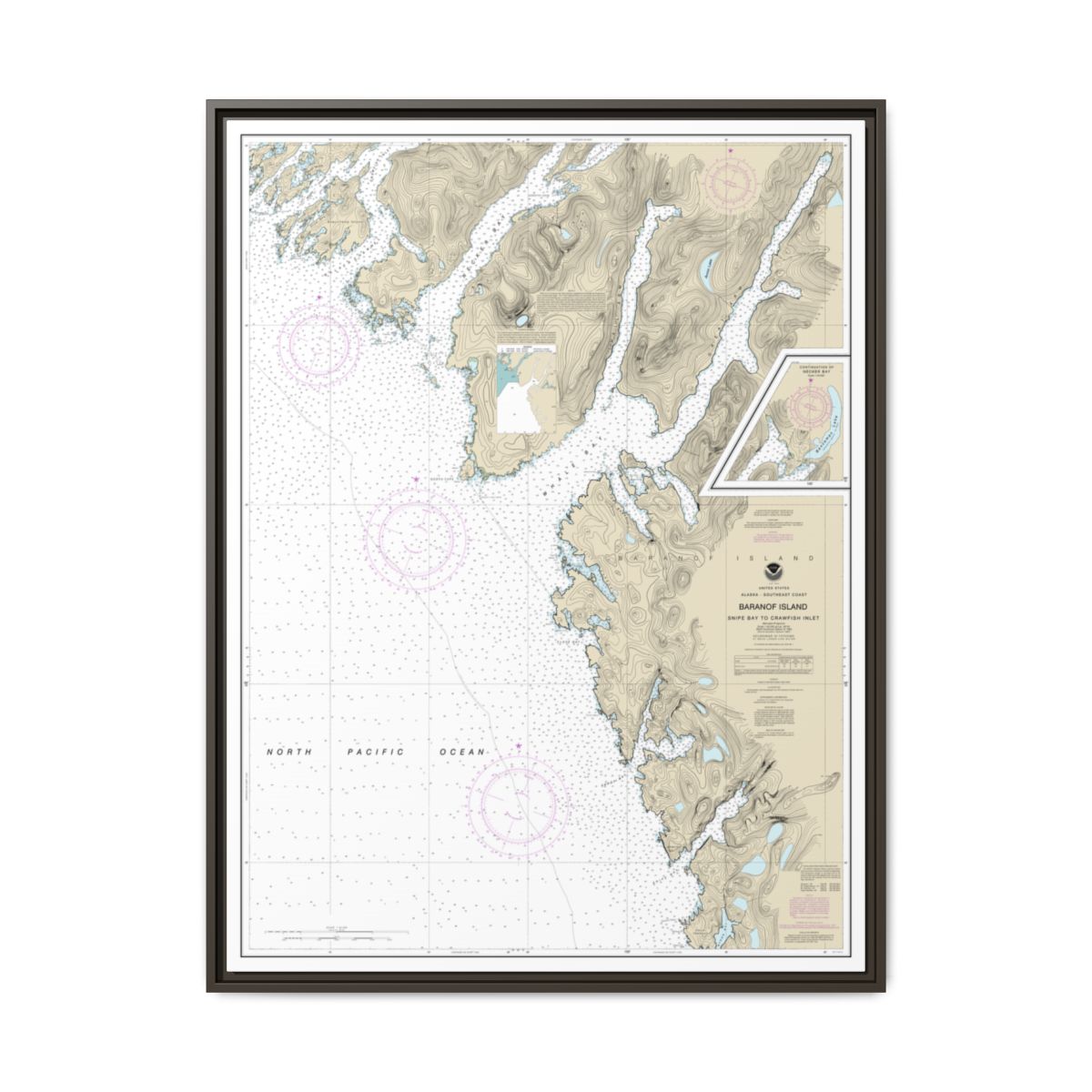 Chart 17328 Snipe Bay to Crawfish Inlet,Baranof l. - NOAA Nautical Chart Floating Frame Canvas | 24" x 32" | 30" x 40" - Espresso front