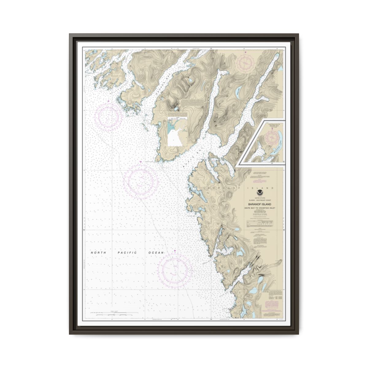 Chart 17328 Snipe Bay to Crawfish Inlet,Baranof l. - NOAA Nautical Chart Floating Frame Canvas | 24" x 32" | 30" x 40" - Espresso front
