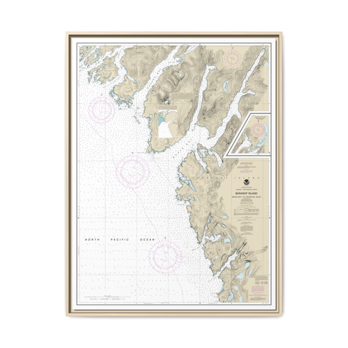 Chart 17328 Snipe Bay to Crawfish Inlet,Baranof l. - NOAA Nautical Chart Floating Frame Canvas | 24" x 32" | 30" x 40" - Natural front