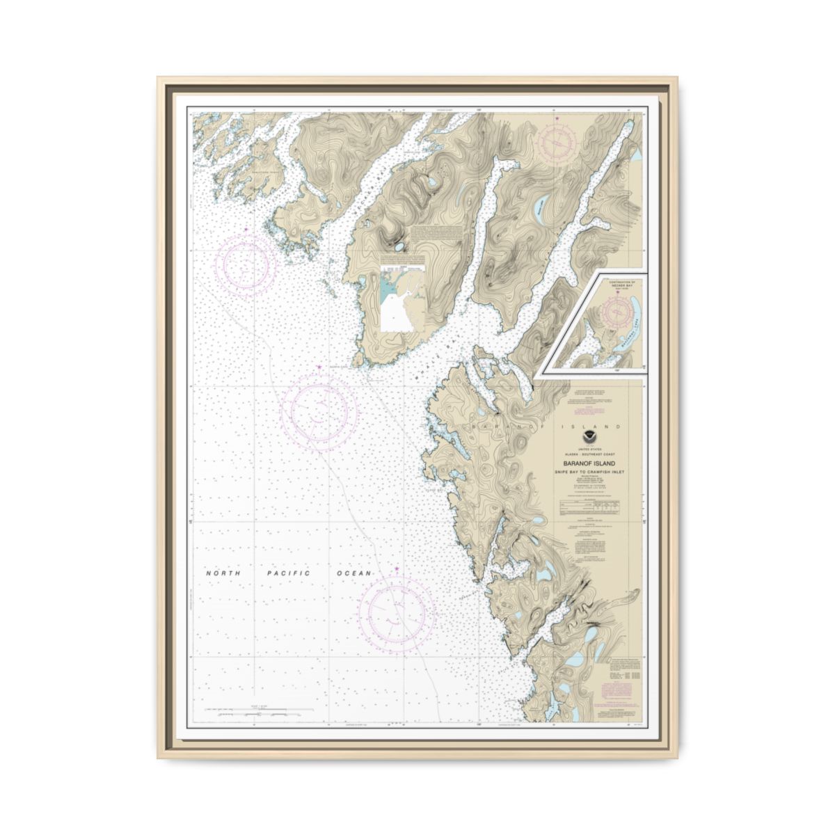 Chart 17328 Snipe Bay to Crawfish Inlet,Baranof l. - NOAA Nautical Chart Floating Frame Canvas | 24" x 32" | 30" x 40" - Natural front