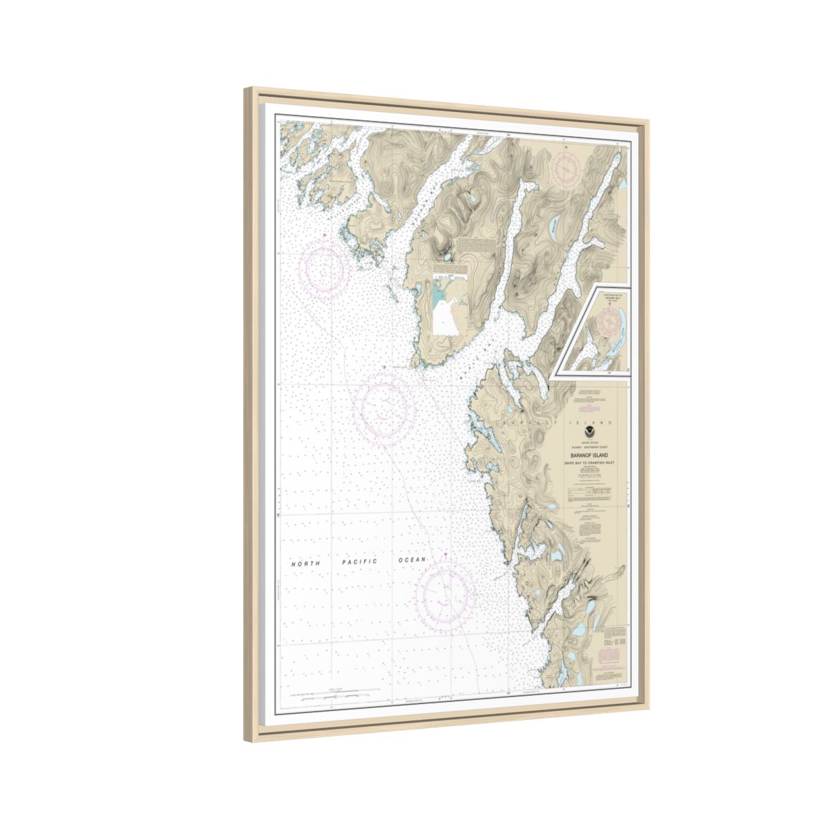 Chart 17328 Snipe Bay to Crawfish Inlet,Baranof l. - NOAA Nautical Chart Floating Frame Canvas | 24" x 32" | 30" x 40" - Natural side