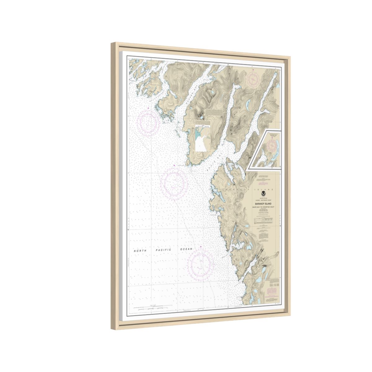 Chart 17328 Snipe Bay to Crawfish Inlet,Baranof l. - NOAA Nautical Chart Floating Frame Canvas | 24" x 32" | 30" x 40" - Natural side