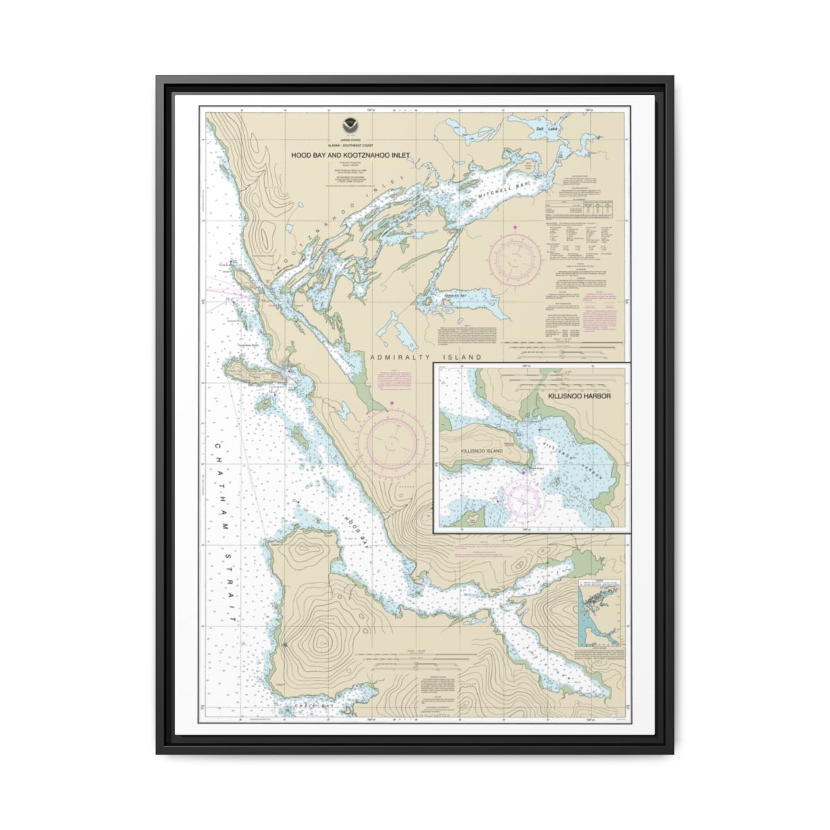 Chart 17339 Hood Bay and Kootznahoo Inlet - NOAA Nautical Chart Floating Frame Canvas | 24" x 32" | 30" x 40" - Black front