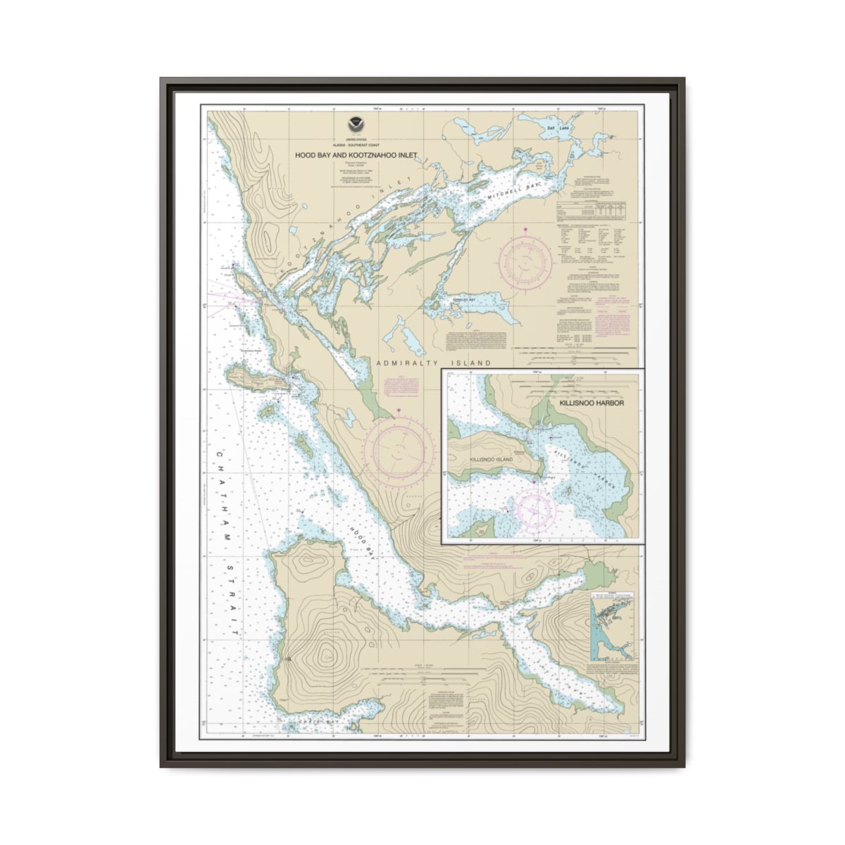 Chart 17339 Hood Bay and Kootznahoo Inlet - NOAA Nautical Chart Floating Frame Canvas | 24" x 32" | 30" x 40" - Espresso front