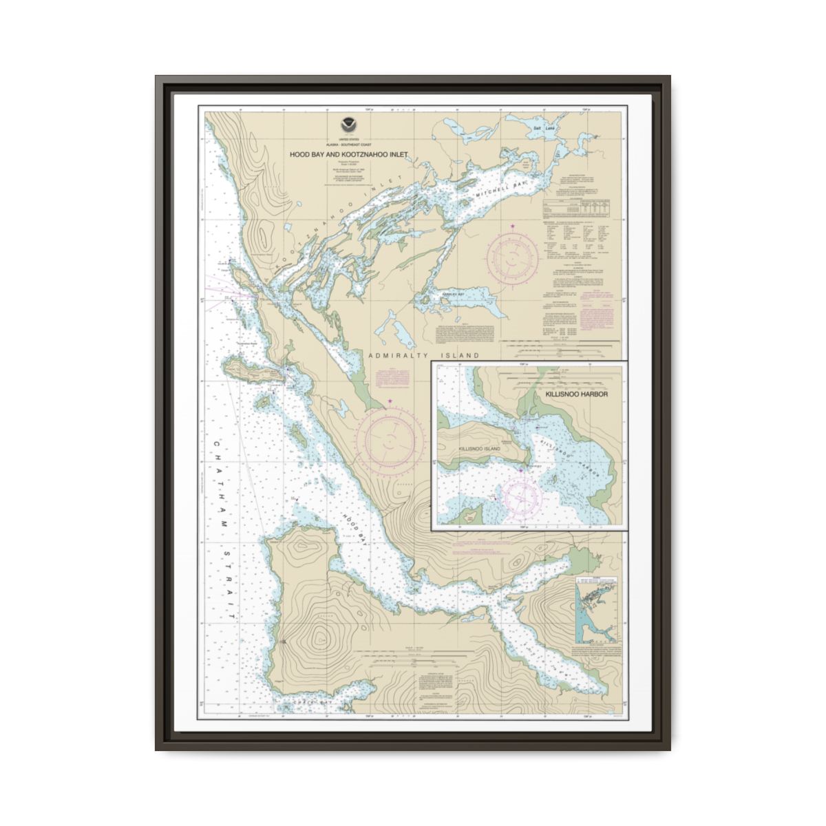 Chart 17339 Hood Bay and Kootznahoo Inlet - NOAA Nautical Chart Floating Frame Canvas | 24" x 32" | 30" x 40" - Espresso front