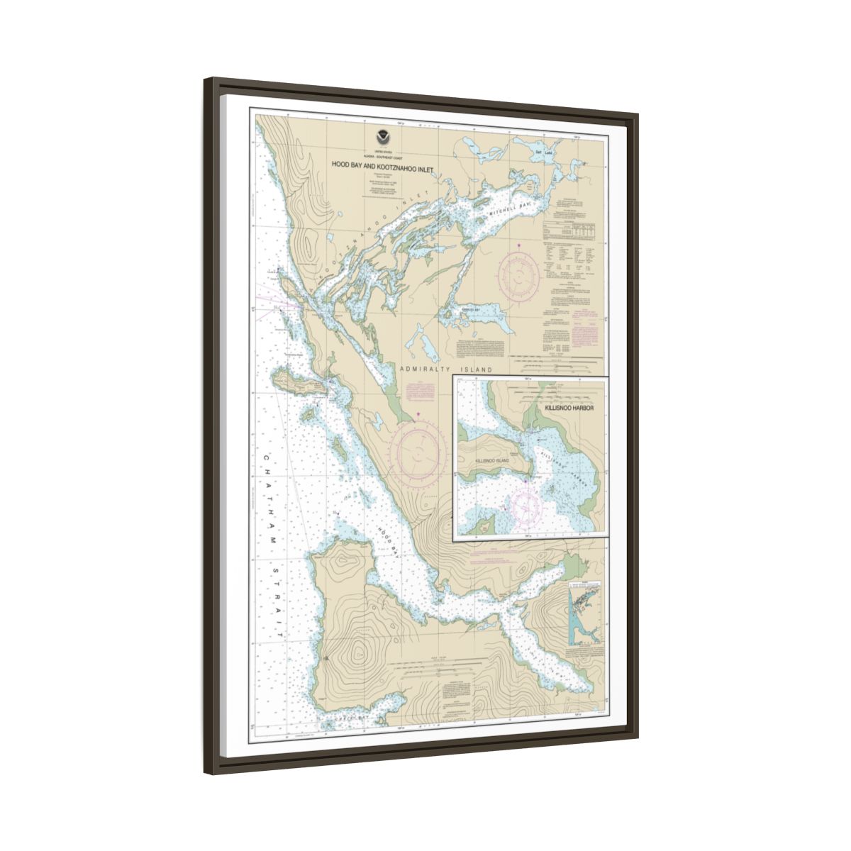 Chart 17339 Hood Bay and Kootznahoo Inlet - NOAA Nautical Chart Floating Frame Canvas | 24" x 32" | 30" x 40" - Espresso side
