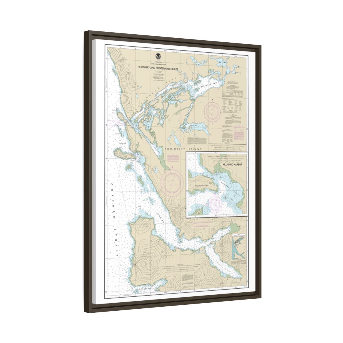 Chart 17339 Hood Bay and Kootznahoo Inlet - NOAA Nautical Chart Floating Frame Canvas | 24" x 32" | 30" x 40" - Espresso side