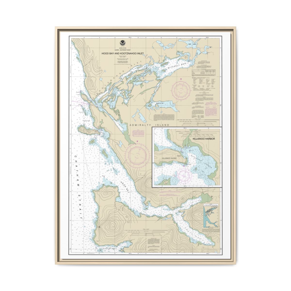Chart 17339 Hood Bay and Kootznahoo Inlet - NOAA Nautical Chart Floating Frame Canvas | 24" x 32" | 30" x 40" - Natural front