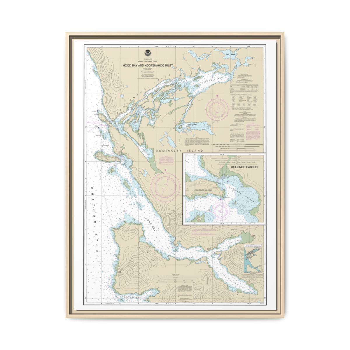 Chart 17339 Hood Bay and Kootznahoo Inlet - NOAA Nautical Chart Floating Frame Canvas | 24" x 32" | 30" x 40" - Natural front