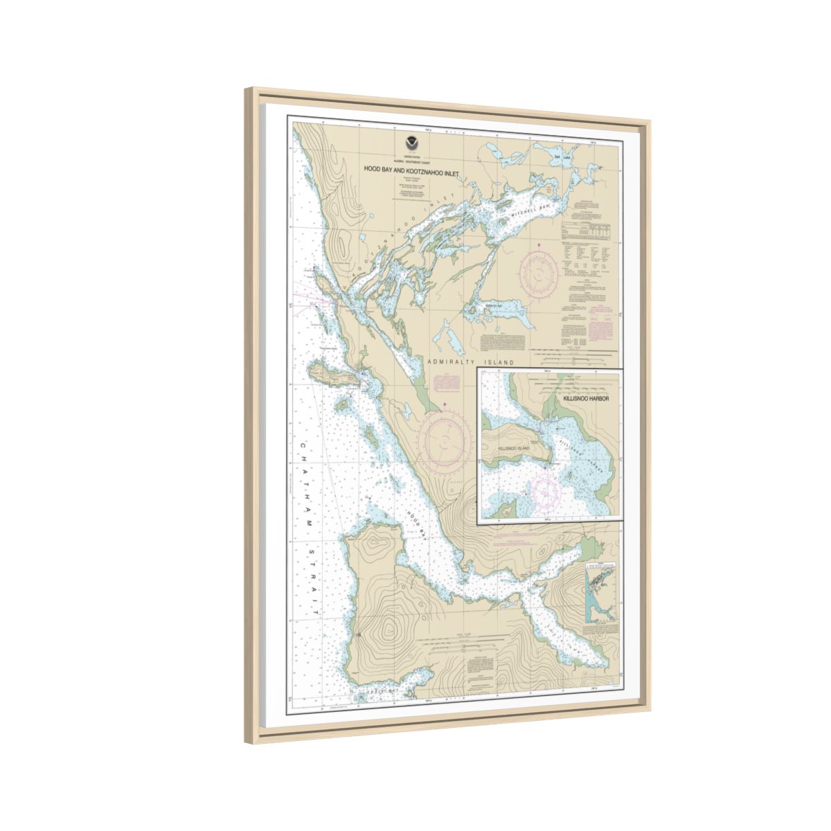 Chart 17339 Hood Bay and Kootznahoo Inlet - NOAA Nautical Chart Floating Frame Canvas | 24" x 32" | 30" x 40" - Natural side