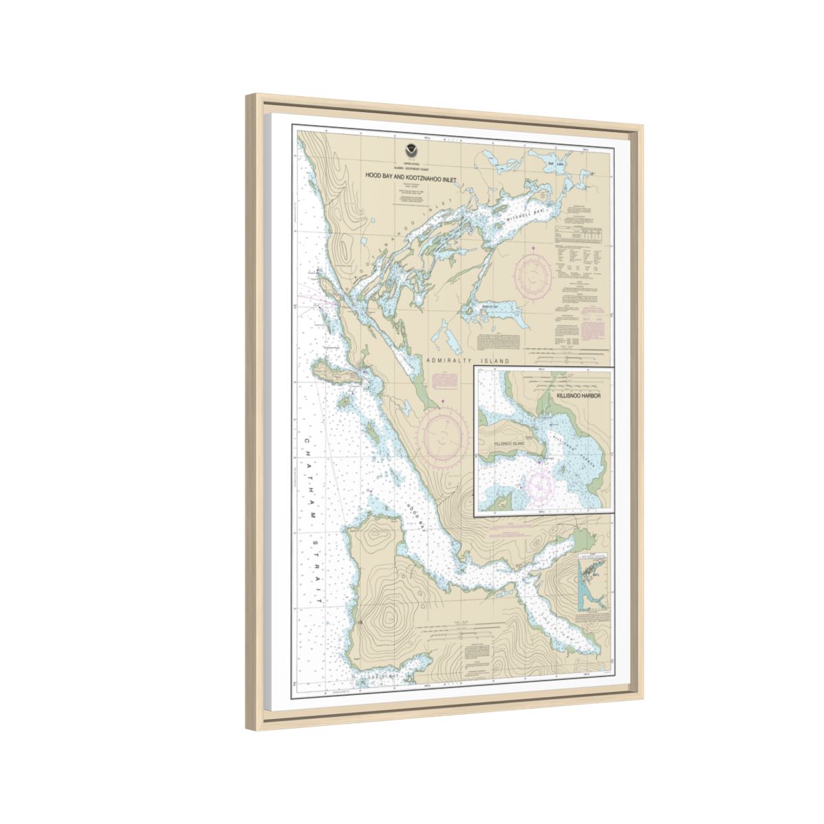 Chart 17339 Hood Bay and Kootznahoo Inlet - NOAA Nautical Chart Floating Frame Canvas | 24" x 32" | 30" x 40" - Natural side