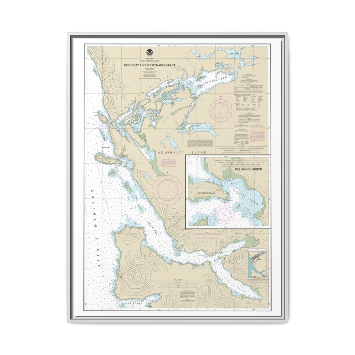 Chart 17339 Hood Bay and Kootznahoo Inlet - NOAA Nautical Chart Floating Frame Canvas | 24" x 32" | 30" x 40" - White front