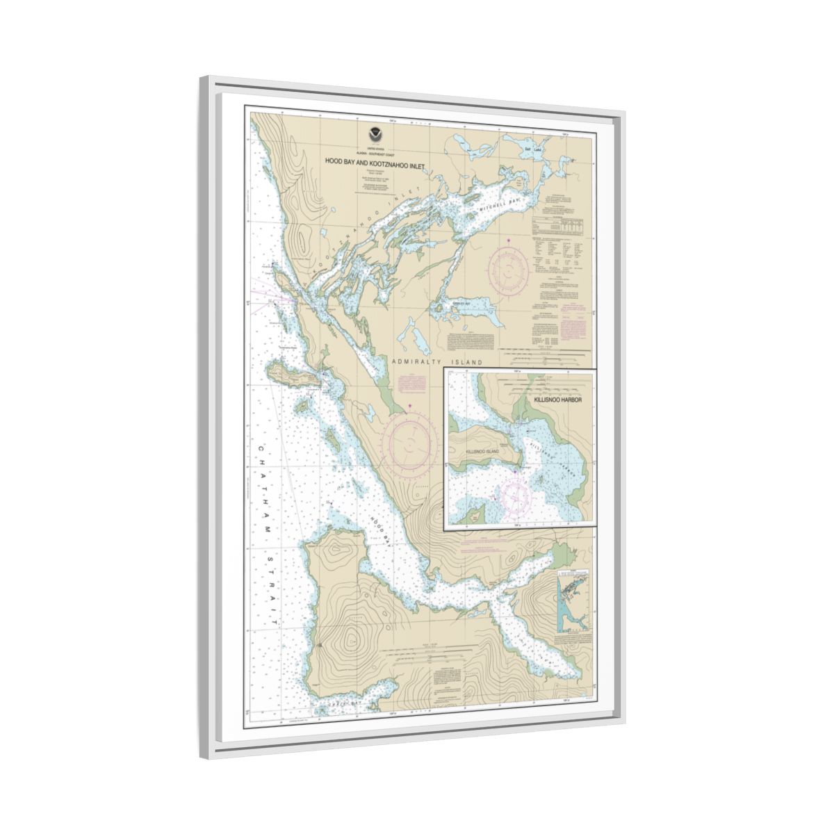 Chart 17339 Hood Bay and Kootznahoo Inlet - NOAA Nautical Chart Floating Frame Canvas | 24" x 32" | 30" x 40" - White side