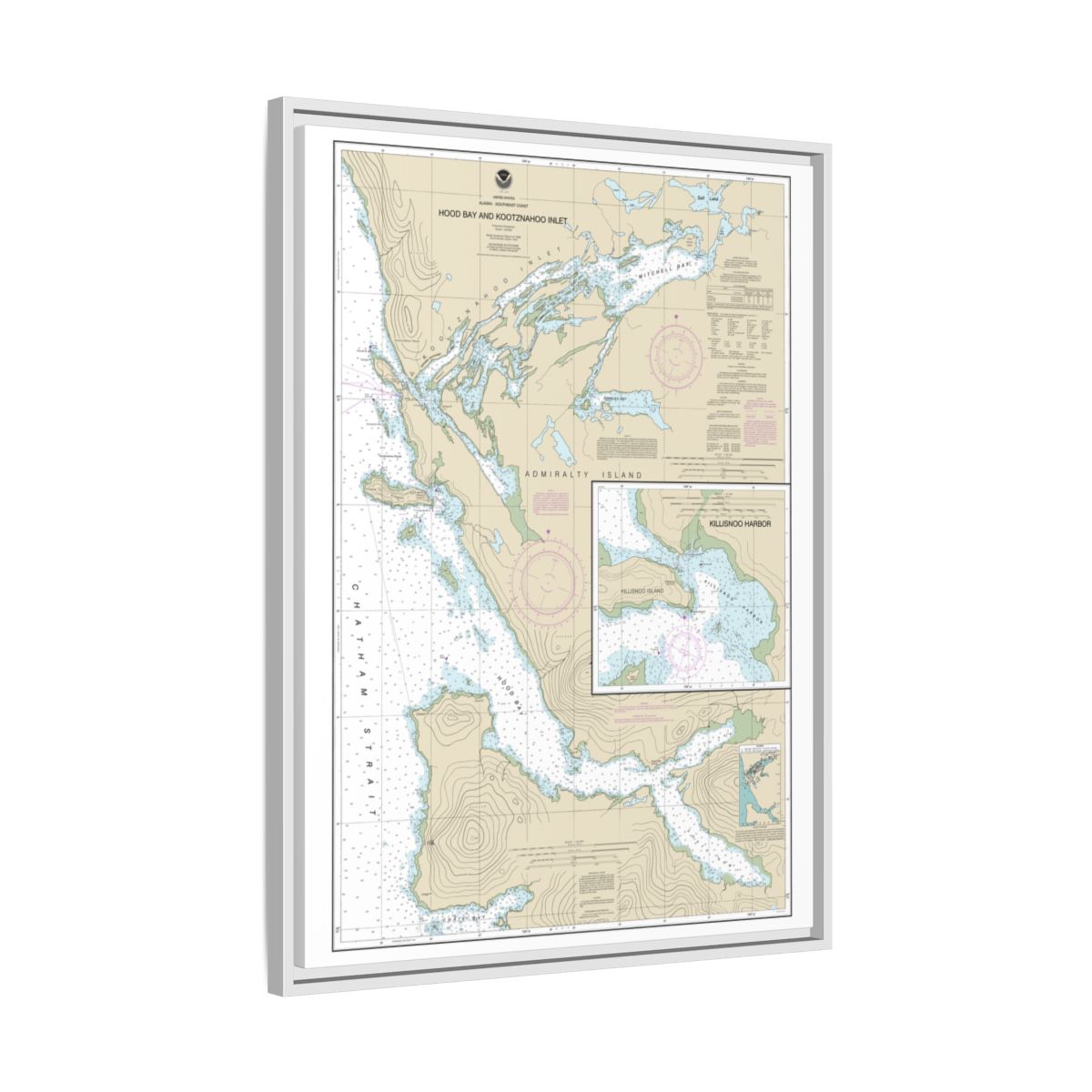 Chart 17339 Hood Bay and Kootznahoo Inlet - NOAA Nautical Chart Floating Frame Canvas | 24" x 32" | 30" x 40" - White side