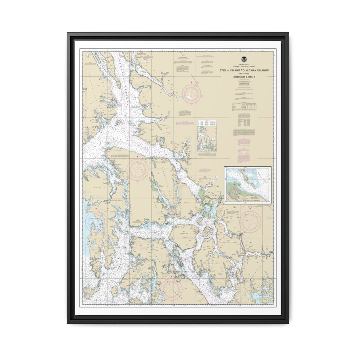 Chart 17360 Etolin Island to Midway Islands, including Sumner Strait;Holkham Bay;Big Castle Island - NOAA Nautical Chart Floating Frame Canvas | 24" x 32" | 30" x 40" - Black front