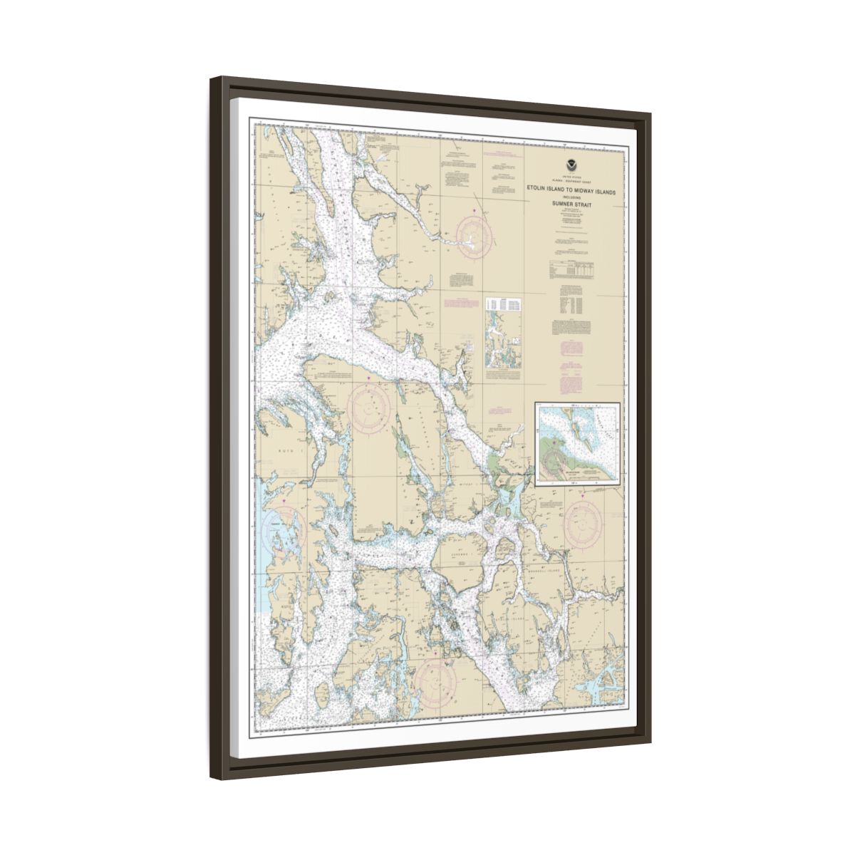 Chart 17360 Etolin Island to Midway Islands, including Sumner Strait;Holkham Bay;Big Castle Island - NOAA Nautical Chart Floating Frame Canvas | 24" x 32" | 30" x 40" - Espresso side