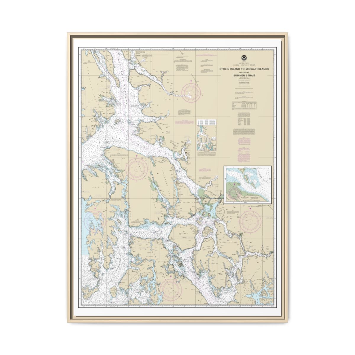 Chart 17360 Etolin Island to Midway Islands, including Sumner Strait;Holkham Bay;Big Castle Island - NOAA Nautical Chart Floating Frame Canvas | 24" x 32" | 30" x 40" - Natural front
