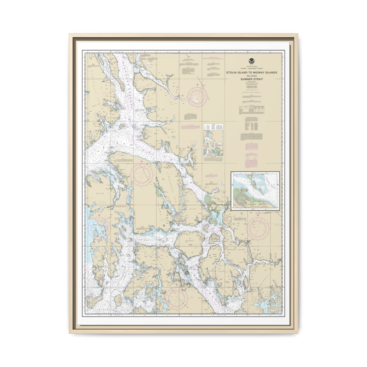 Chart 17360 Etolin Island to Midway Islands, including Sumner Strait;Holkham Bay;Big Castle Island - NOAA Nautical Chart Floating Frame Canvas | 24" x 32" | 30" x 40" - Natural front