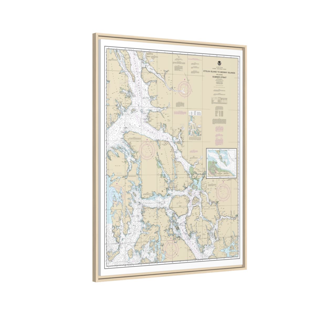 Chart 17360 Etolin Island to Midway Islands, including Sumner Strait;Holkham Bay;Big Castle Island - NOAA Nautical Chart Floating Frame Canvas | 24" x 32" | 30" x 40" - Natural side