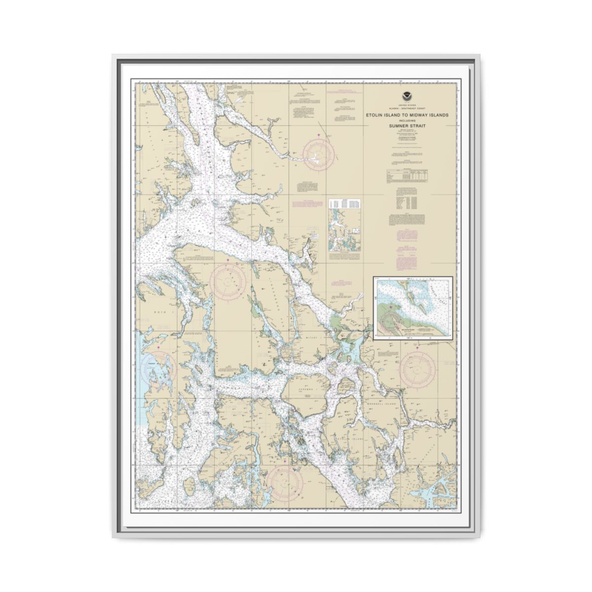Chart 17360 Etolin Island to Midway Islands, including Sumner Strait;Holkham Bay;Big Castle Island - NOAA Nautical Chart Floating Frame Canvas | 24" x 32" | 30" x 40" - White front