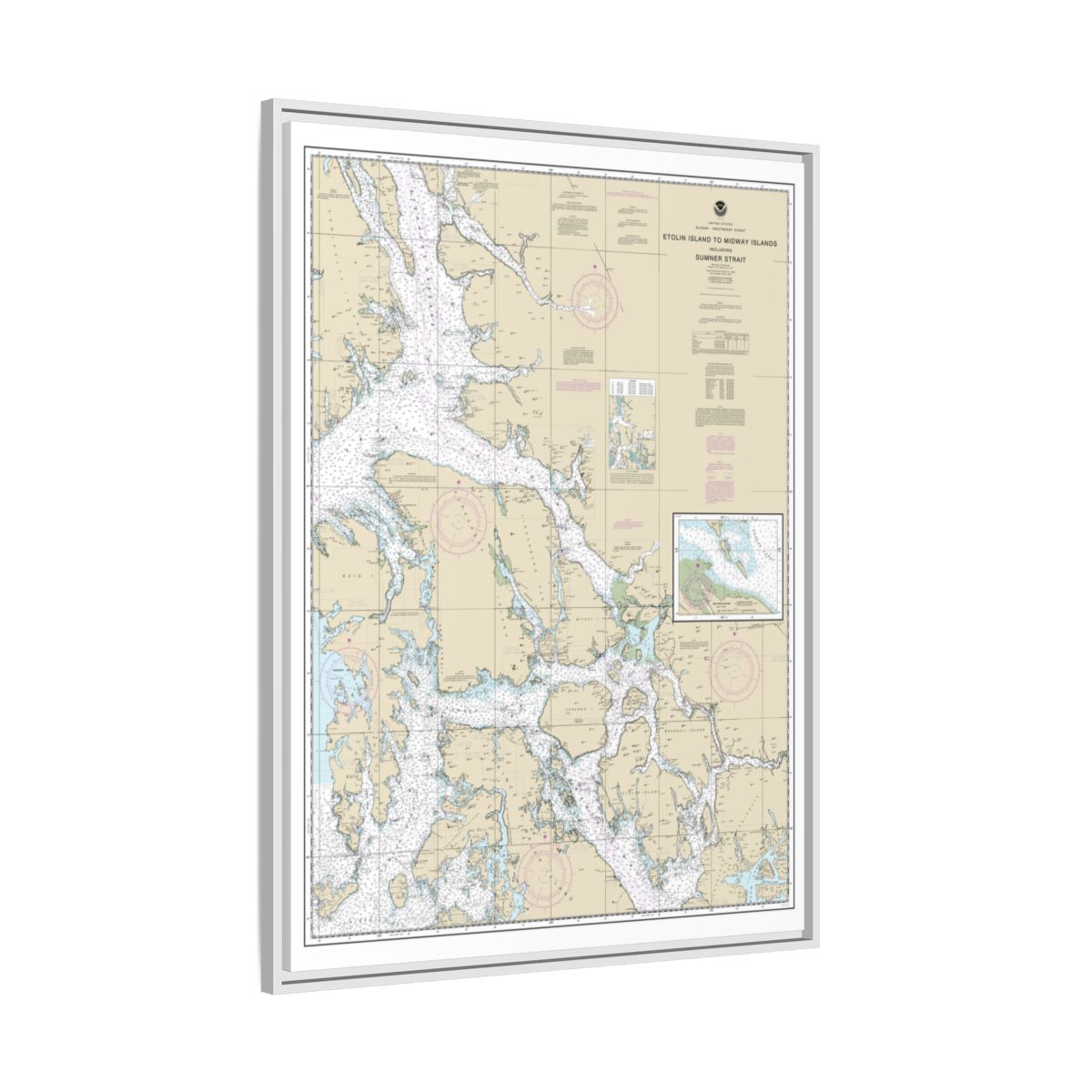 Chart 17360 Etolin Island to Midway Islands, including Sumner Strait;Holkham Bay;Big Castle Island - NOAA Nautical Chart Floating Frame Canvas | 24" x 32" | 30" x 40" - White side