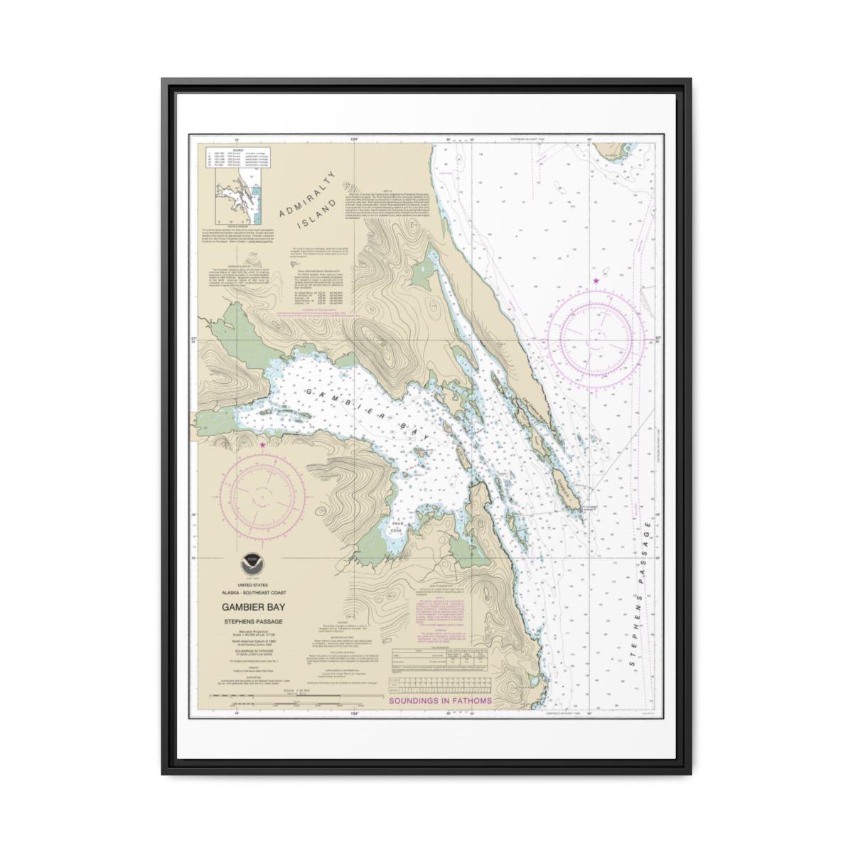 Chart 17362 Gambier Bay, Stephens Passage - NOAA Nautical Chart Floating Frame Canvas | 24" x 32" | 30" x 40" - Black front